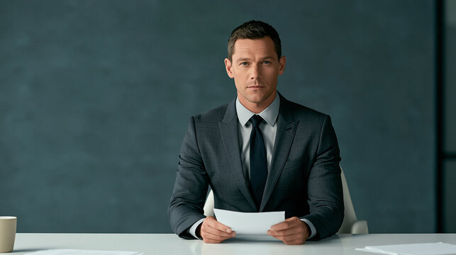 A professional male news anchor or host in a suit and tie sitting at a desk and holding papers in a studio.