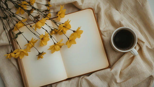 Open notebook with yellow flowers and coffee
