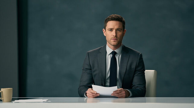 A professional male news anchor or host in a suit and tie sitting at a desk and holding papers in a studio.
