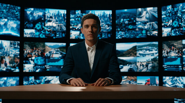 A male news anchor presenting at a desk in a television studio with a large video wall background.