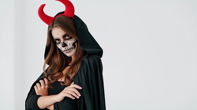 Young woman in spooky Halloween devil costume with skull face paint and red horns on white background