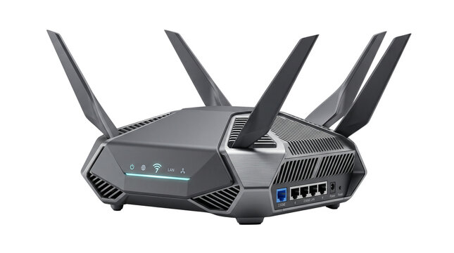 High-performance wireless router with six antennas, modern gaming wifi router on white background, high-speed internet network hardware