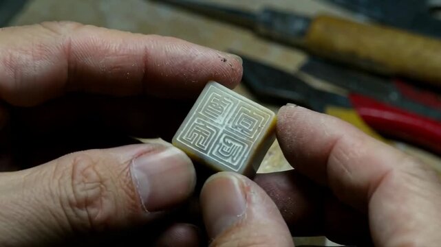 Hands examining a carved stone seal