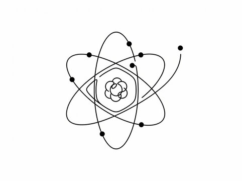 A precise, single continuous line drawing depicts an atomic structure with a central nucleus and orbiting electrons, perfect for scientific education resources and modern design projects.