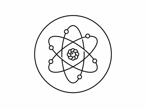 Outline illustration depicting a fundamental atomic structure with electrons orbiting a central nucleus, a precise scientific concept graphic for diverse educational and commercial design purposes.