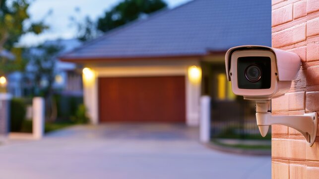 Security camera watches over a house with garage in the evening light