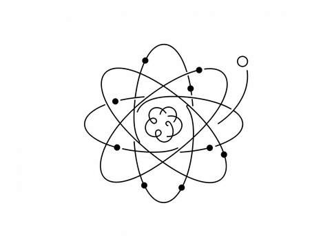 A minimalistic hand-drawn outline illustration depicting a simplified atomic structure with electrons actively orbiting its nucleus, perfect for scientific educational content and design projects.