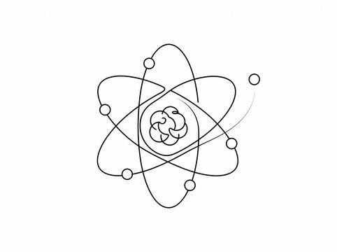 Simple monochrome line drawing illustrating a bohr model representation of subatomic particles for educational resources and scientific conceptual design elements.