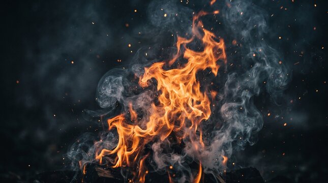 Vibrant Fire Flames and Smoke with Glowing Embers on Dark Background