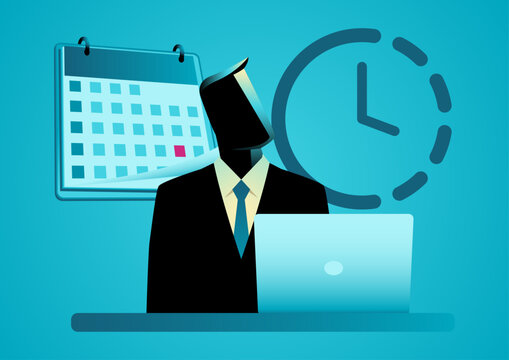 Full Time Work, Temporary Job, Schedule Concept with Businessman, Calendar, Clock and Laptop