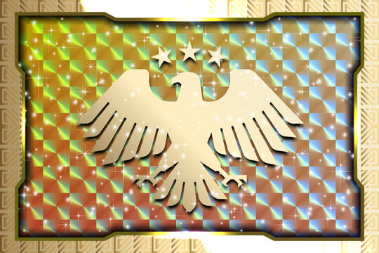 Vector horizontal gilded collectible card. Graphic stylistic eagle with outstretched wings and three stars. Coat of arms of new Syria. Bright shiny sparkling hologram. Glossy decal, shadows. Bird. NFT