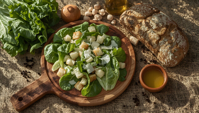 Caesar salad with croutons and sourdough