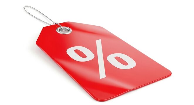 A vibrant red discount percentage tag is isolated on a plain white