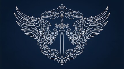 Fototapeta premium Elegant Fantasy Crest Emblem Featuring Sword And Wings With Filigree On Dark Blue Background crest emblem fantasy wing sword white line art ornamental dark blue background elegant swirl filigree