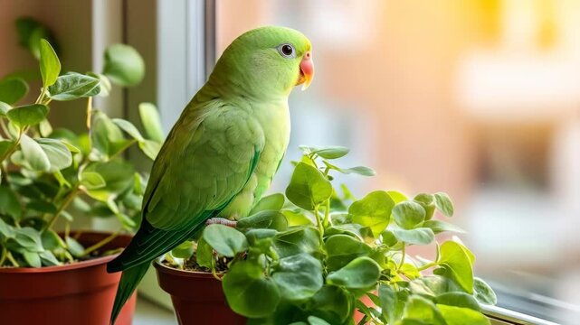 Vibrant green parrot perched on a potted plant by a sunlit window, looking out.