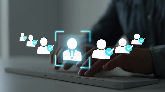 Digital employment platform featuring candidate profiles, resume screening and certificate validation. Business recruitment and workforce management concept.