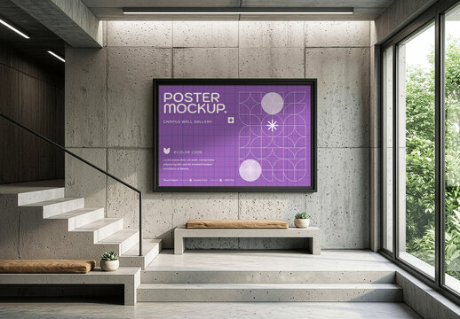 Concrete Gallery Poster Horizontal Frame Mockup With Architectural Garden View