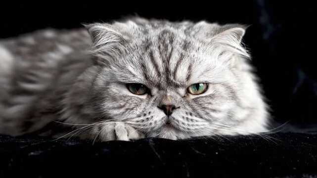 Grumpy Grey Scottish Fold Cat Pet Portrait on Black Background with Fluffy Fur
