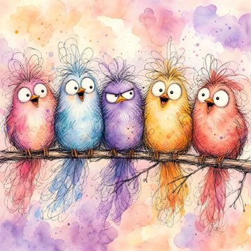 Grumpy Frazzled Songbird Perched Between Two Cheerful Friends