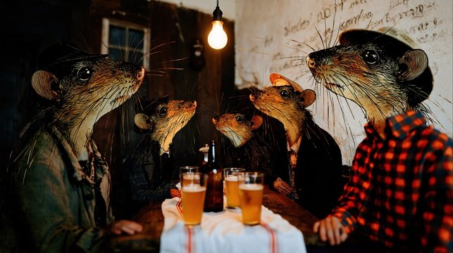 Anthropomorphic Rats Gathered Around a Table with Beer in a Cozy Tavern Setting