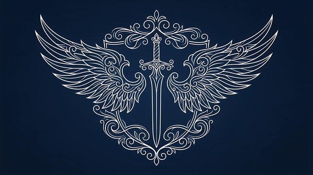 Elegant Fantasy Crest Emblem Featuring Sword And Wings With Filigree On Dark Blue Background crest emblem fantasy wing sword white line art ornamental dark blue background elegant swirl filigree