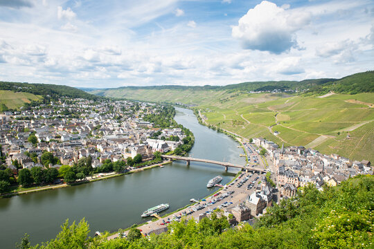 Moselle Valley, aerial view of mosel river, Landshut castle and vineyards, Bernkastel Kues, Germany, hilltop fortress landmark on mountain, medieval roman monument over village