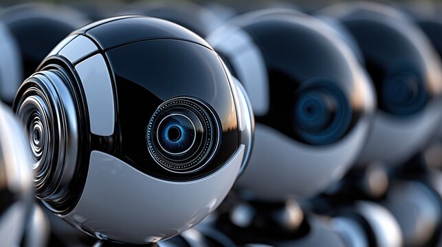 Close-up of futuristic robotic heads with glowing blue eyes in a row, symbolizing artificial intelligence and technology