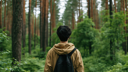 Fototapeta premium Back view of young Chinese man hiking into green pine forest with backpack, surrounded by tall trees and dense woodland vegetation, peaceful outdoor adventure scene