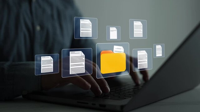 Digital document management system with organized files, secure storage and workflow automation. Business data organization, cloud archive, enterprise records and office productivity concept.	
