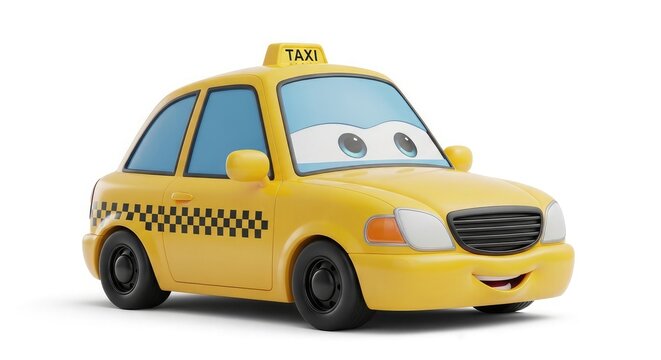 Charming yellow cartoon taxi cab with a friendly face on a white