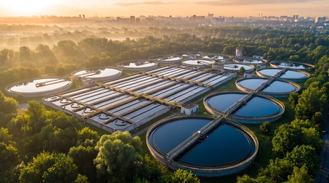 Aerial view of industrial wastewater treatment plant with circular sedimentation tanks and water filtration systems surrounded by lush green forest landscape at sunrise light