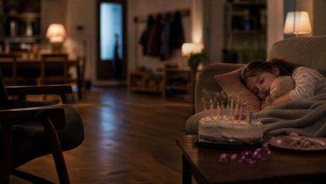 Birthday celebration at home features a woman sleeping on the couch next to a birthday cake and party items during nighttime