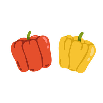 Flat vector illustration of red and yellow bell peppers. Fresh sweet peppers isolated on a white background, suitable for food, cooking, kitchen, agriculture, harvest and healthy eating designs.