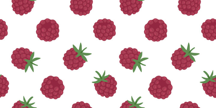 Flat vector illustration of ripe raspberries with green leaves arranged in a repeating pattern on a clean white surface. Perfect for fabric, paper, decor and seasonal design projects.