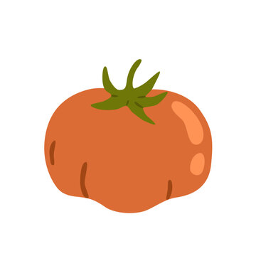 Flat vector illustration of a ripe red tomato with a green stem. Fresh vegetable isolated on white, ideal for food, cooking, gardening, agriculture and harvest designs.