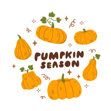 Flat vector illustration with pumpkins, leaves and Pumpkin Season lettering for autumn, harvest, Thanksgiving and Halloween. Perfect for posters, cards, stickers, prints and seasonal designs.