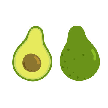 Flat vector illustration of an avocado collection featuring whole and halved avocados. Fresh fruit isolated on white, ideal for food, cooking, nutrition, healthy eating and culinary designs.