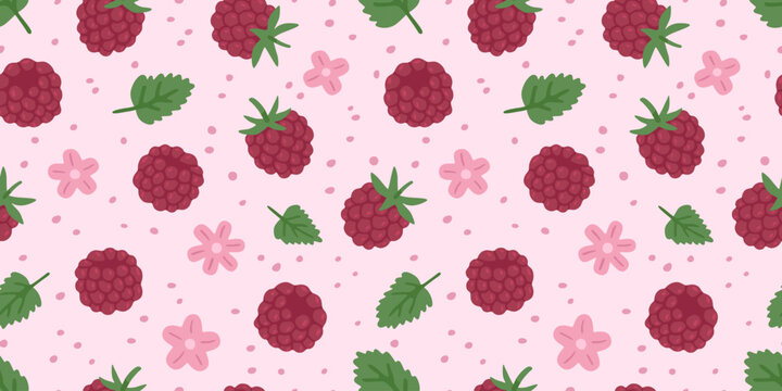 Flat vector illustration of a raspberry pattern with fresh berries, green leaves, pink flowers and scattered dots on a soft pink background, suitable for textile and packaging design.
