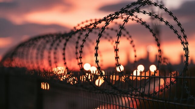 Barbed Wire Fence Against Dramatic Sunset Sky with City Lights Bokeh