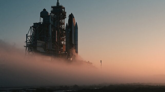 Space shuttle on launchpad at sunrise shrouded in atmospheric mist, ready for ascent