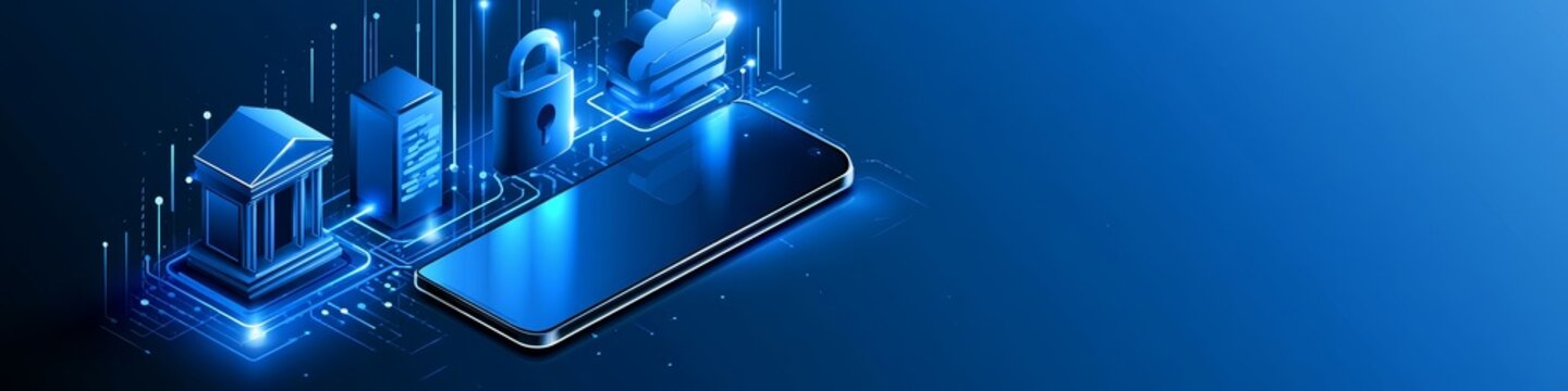 Futuristic digital finance concept with smartphone banking icons and security features for fintech automation and payment solutions