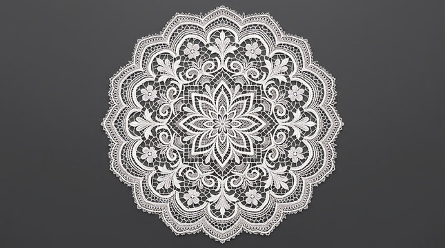 Intricate white and grey mandala pattern with floral and scroll motifs on a dark background.