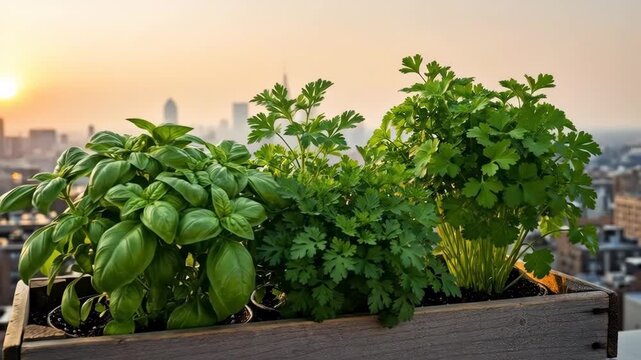 Fresh herbs, basil and parsley, growing in a wooden planter on a city rooftop at sunset.