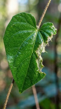 Damaged green vine leaf with insect bites attached to a stem