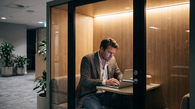 Businessman Working on Laptop in Quiet Office Phone Booth Pod