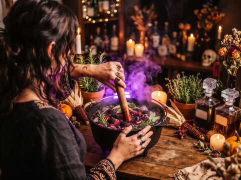 Witch stirring magic purple potion with berries and dry ice smoke in a cauldron for Halloween