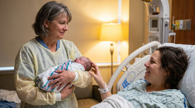 Midwife Holding Newborn Smiling at Mother in Warm Hospital Room