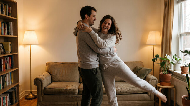 Couple Dancing Casually in Living Room in Warm Indoor Light