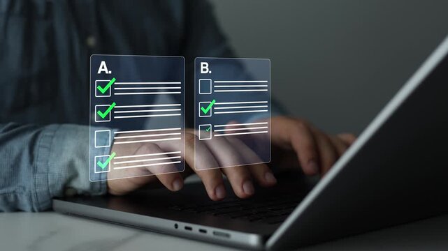 Online survey exam interface with completed questions and selected answers. Technology concept for digital assessment, student testing, research and education.