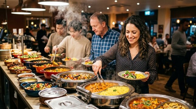 Smiling group of diverse adults selecting colorful hot food from steaming chafing dishes at a warm, lively restaurant buffet line